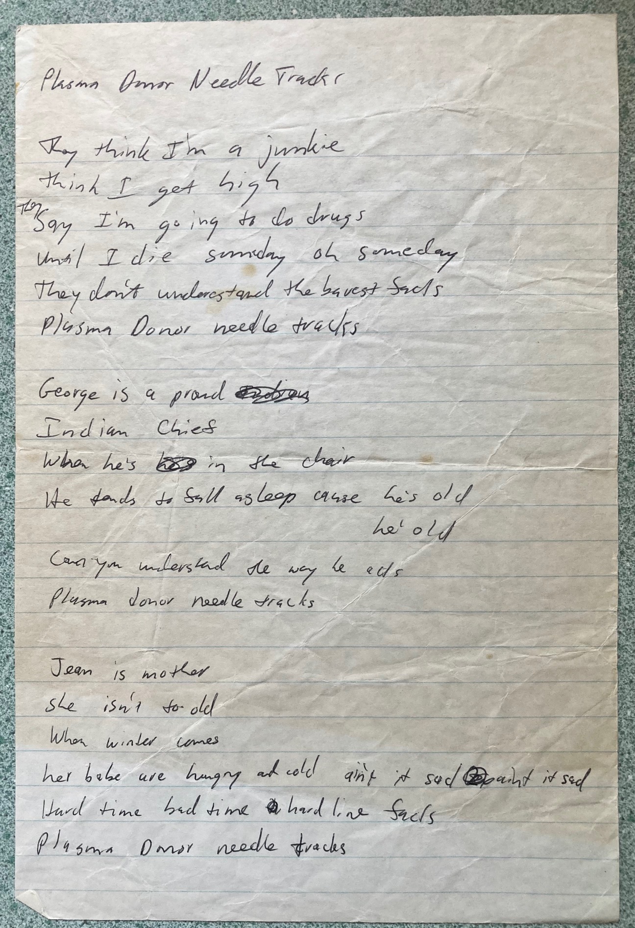 Photo of discolored, slightly wrinkled lined paper with some barely legible writing in black ink.